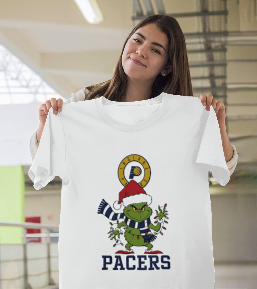 Pacers Christmas Grinch With Santa Hat And Lights T-Shirt