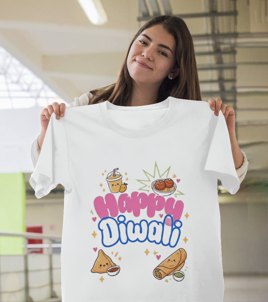 Happy Diwali Kawaii Food Festival Of Lights Celebration With Samosa And Gulab Jamun T-Shirt