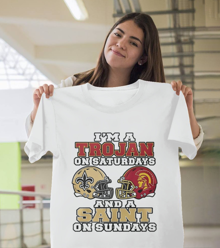 USC Trojans Saturdays New Orleans Saints Sundays Football Helmets T-Shirt