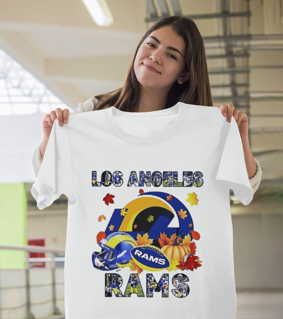 Los Angeles Rams Halloween Fall Football With Leaves And Pumpkin T-Shirt