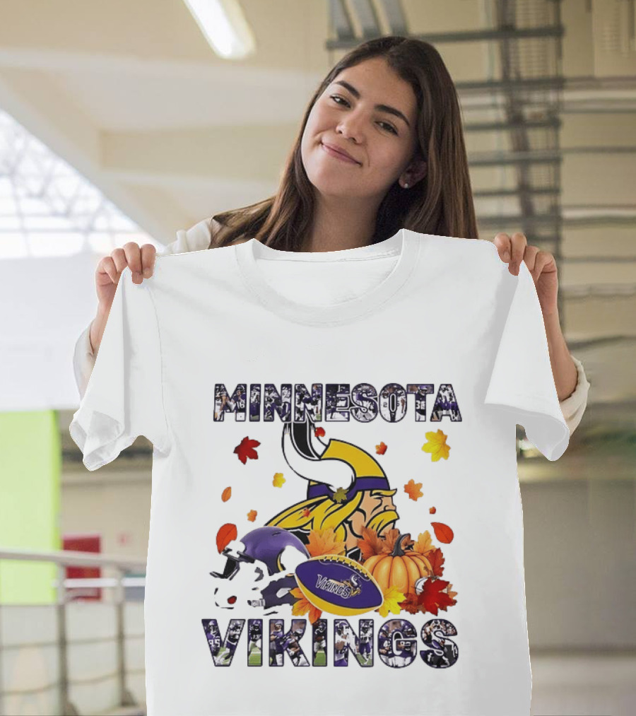 Minnesota Vikings Autumn Football Halloween Leaves Pumpkin T-Shirt