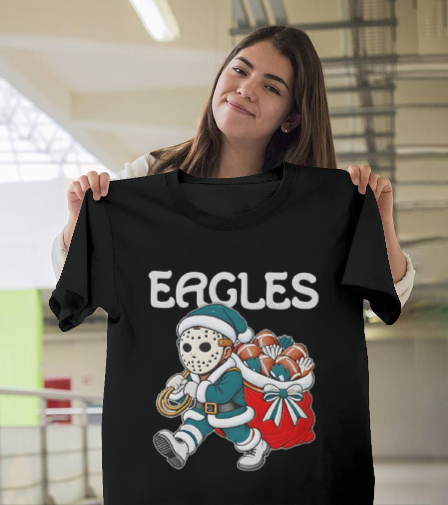 Eagles Christmas Santa With Horror Mask And Football Sack T-Shirt
