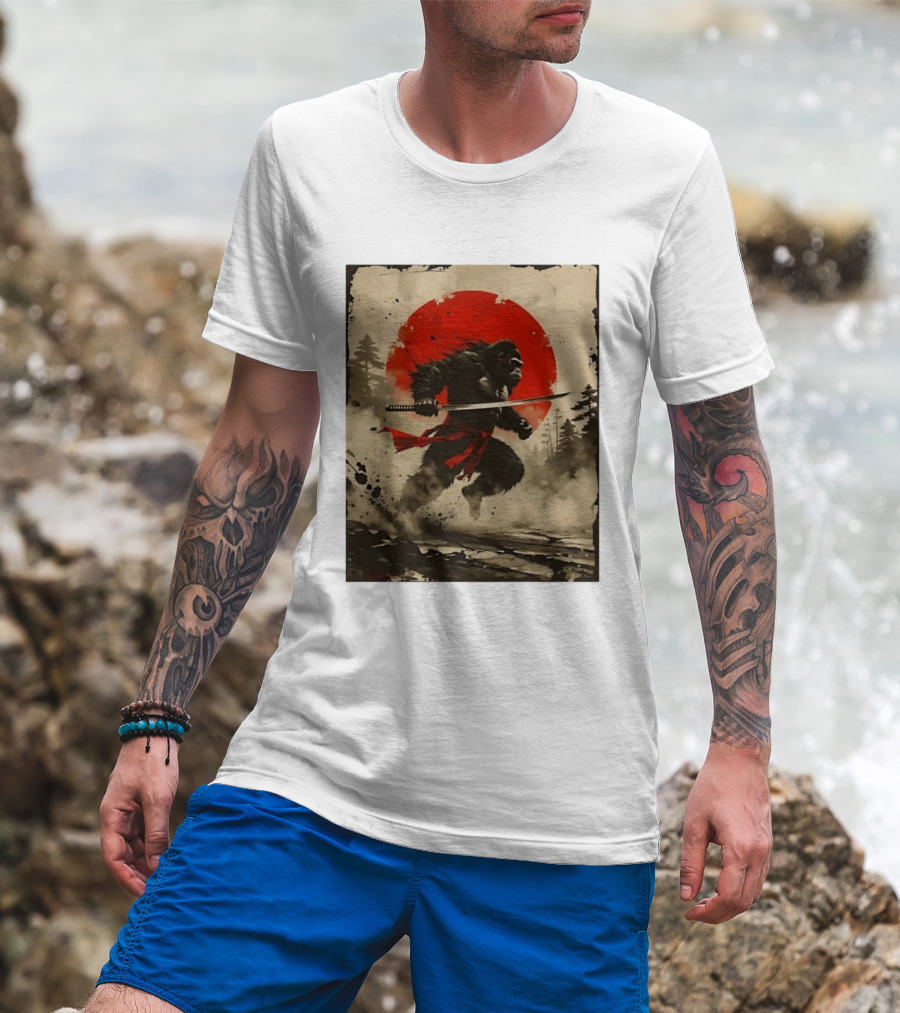 Samurai Gorilla Katana With Rising Sun T-Shirt
