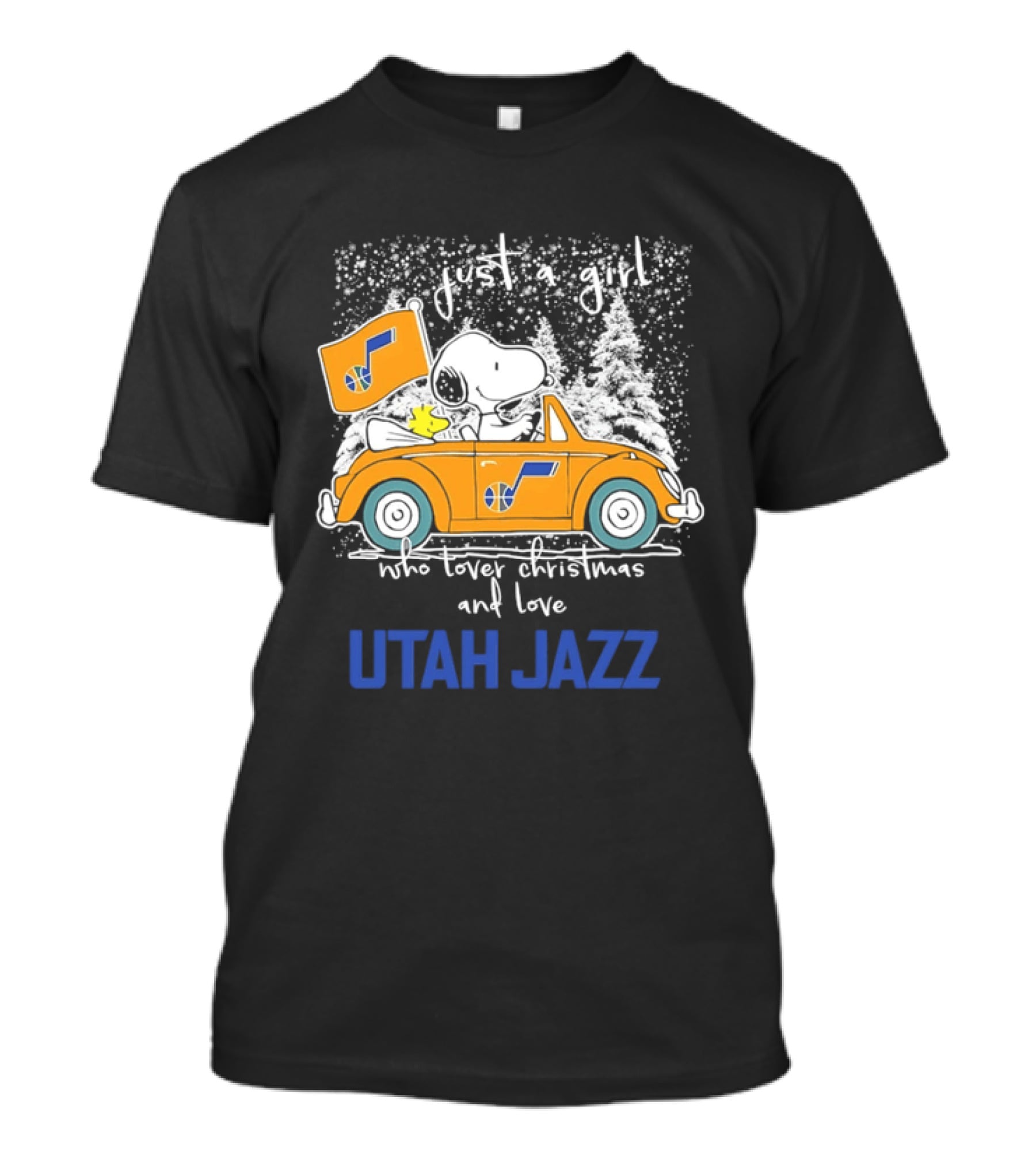 Utah Jazz Fan With Snoopy In Festive Car Celebrating Christmas T-Shirt
