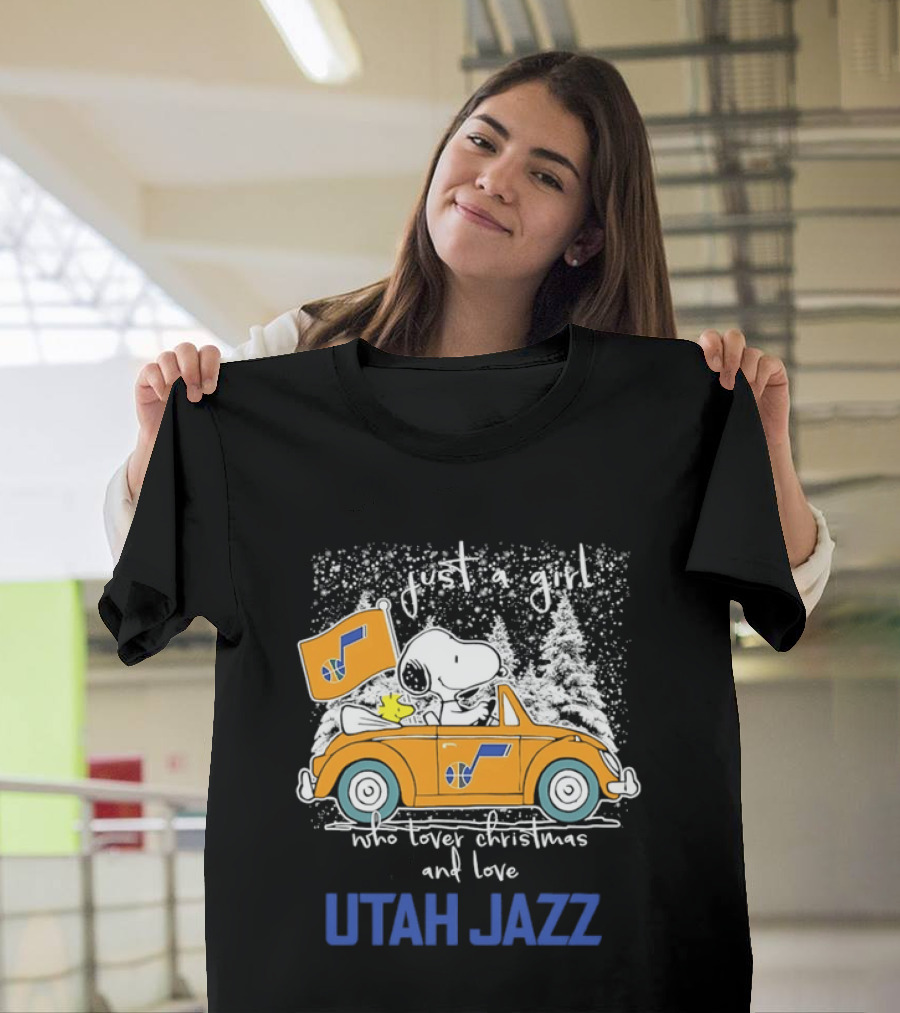 Utah Jazz Fan With Snoopy In Festive Car Celebrating Christmas T-Shirt