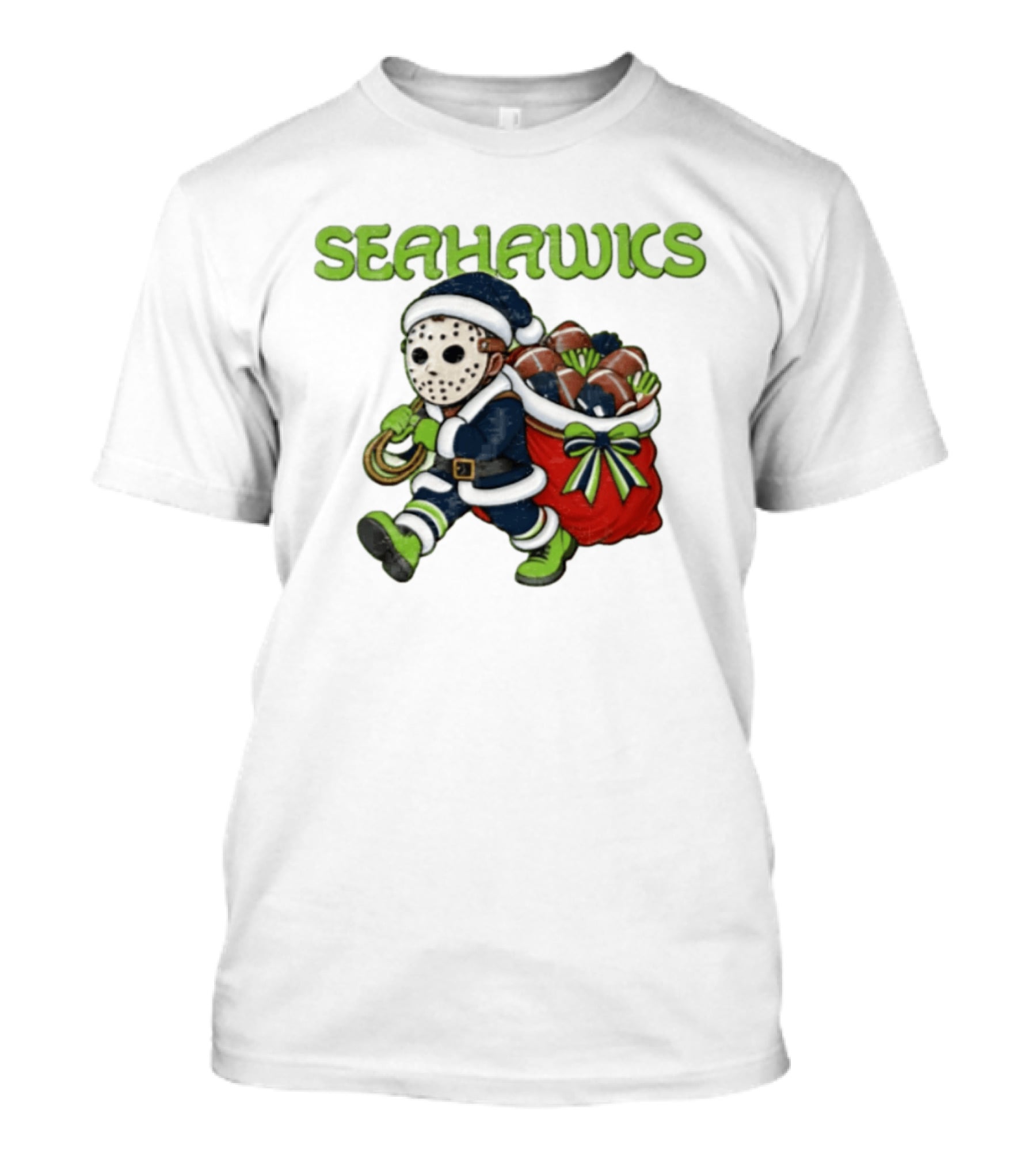 Seahawks Football Christmas Horror Santa Sack Green Blue T-Shirt
