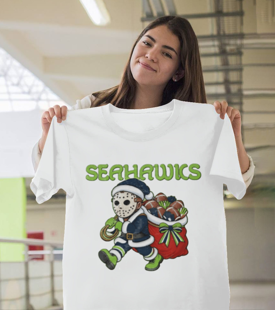 Seahawks Football Christmas Horror Santa Sack Green Blue T-Shirt