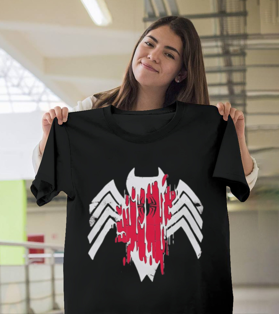 Spider Man Symbiote Venom Drip White Spider Icon Red Paint Splatter T-Shirt