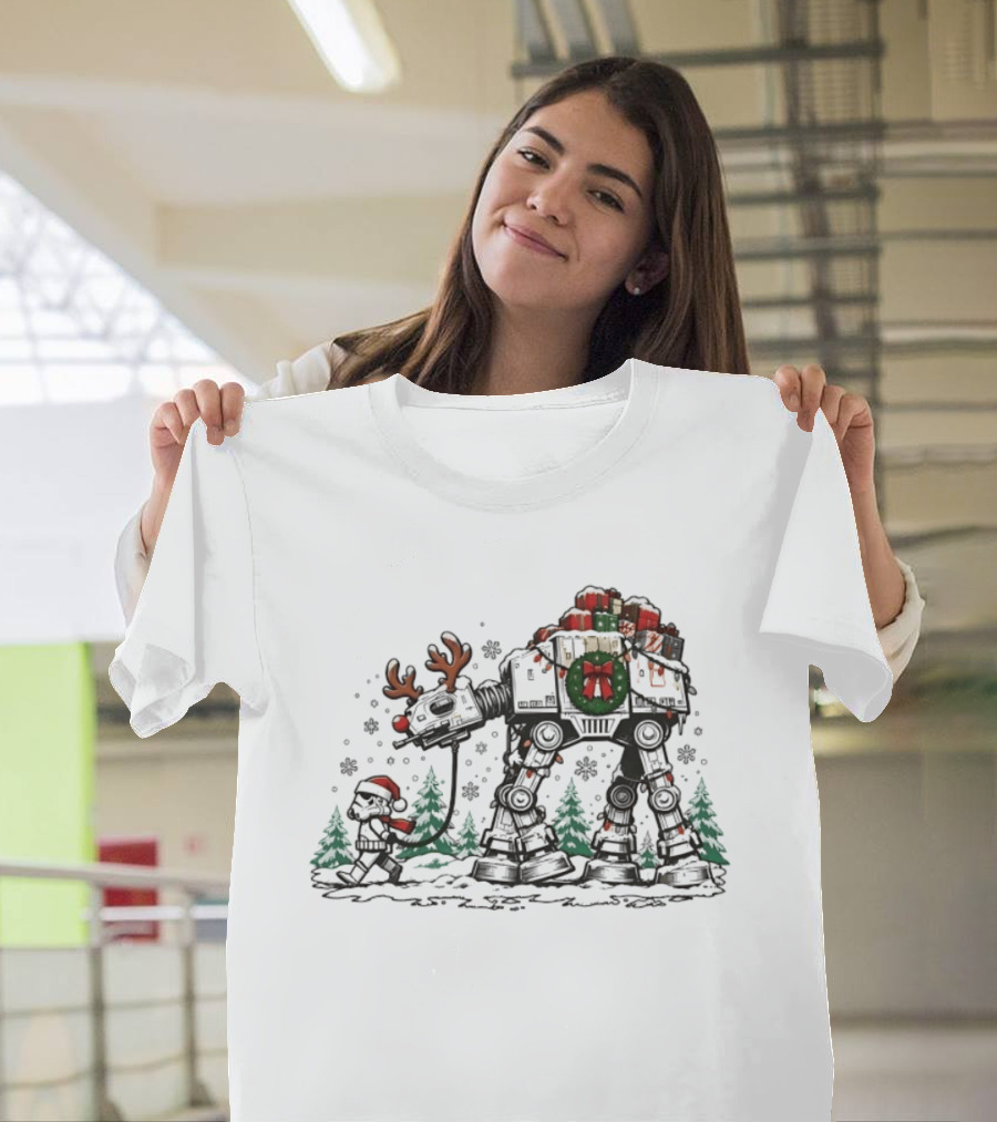 Star Wars Stormtrooper Leading Christmas AT AT Reindeer With Gifts T-Shirt