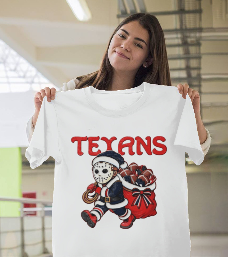 Houston Football Christmas Red And Navy Masked Santa T-Shirt