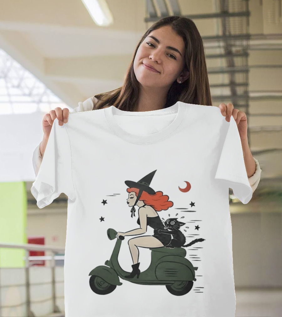 Witch Riding A Scooter With A Cat T-Shirt