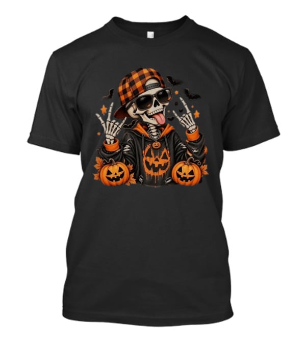 Skeleton Halloween Rocker With Plaid Hat And Pumpkins T-Shirt