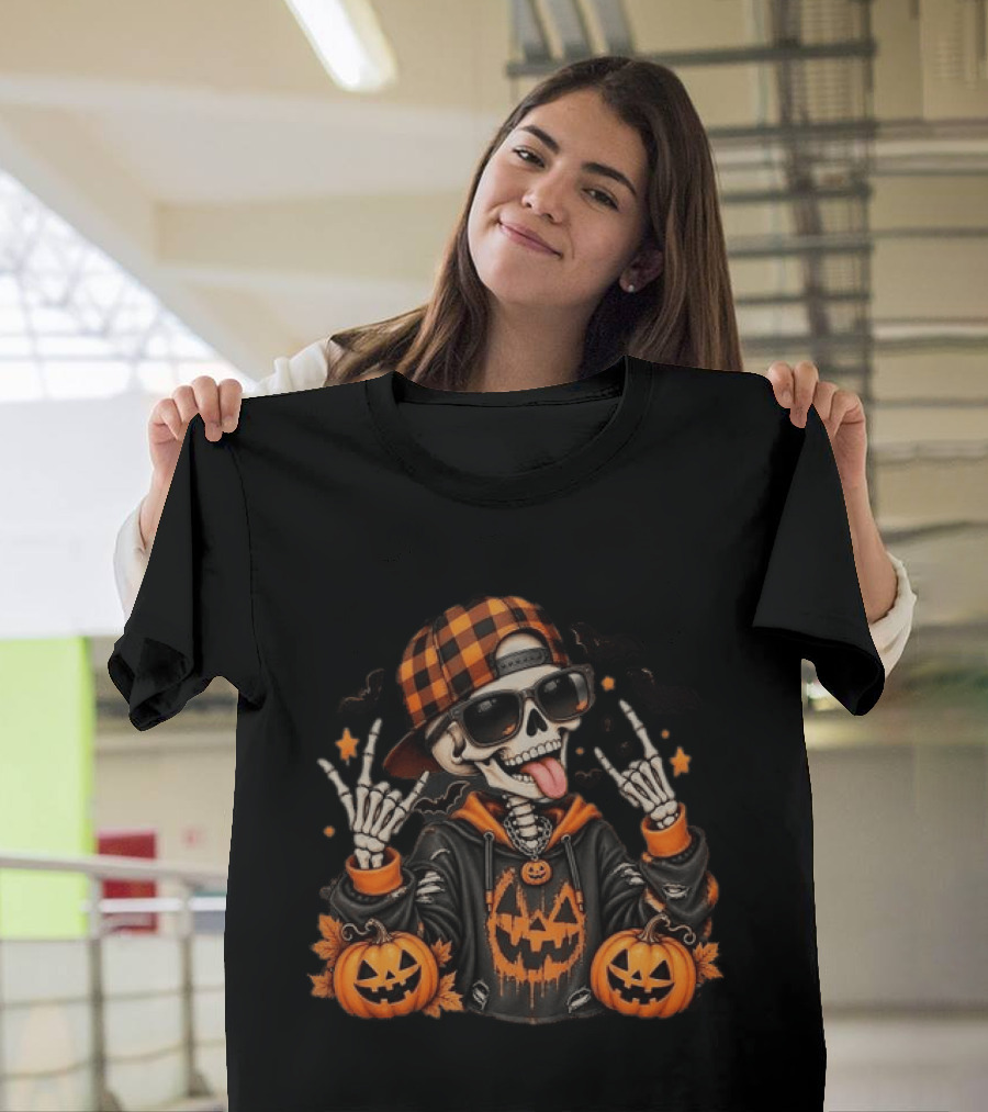 Skeleton Halloween Rocker With Plaid Hat And Pumpkins T-Shirt