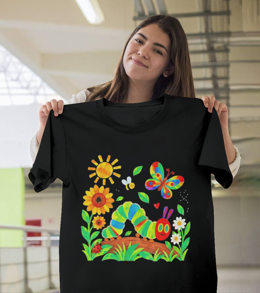 The Very Hungry Caterpillar Colorful Garden With Butterfly And Sunflowers T-Shirt