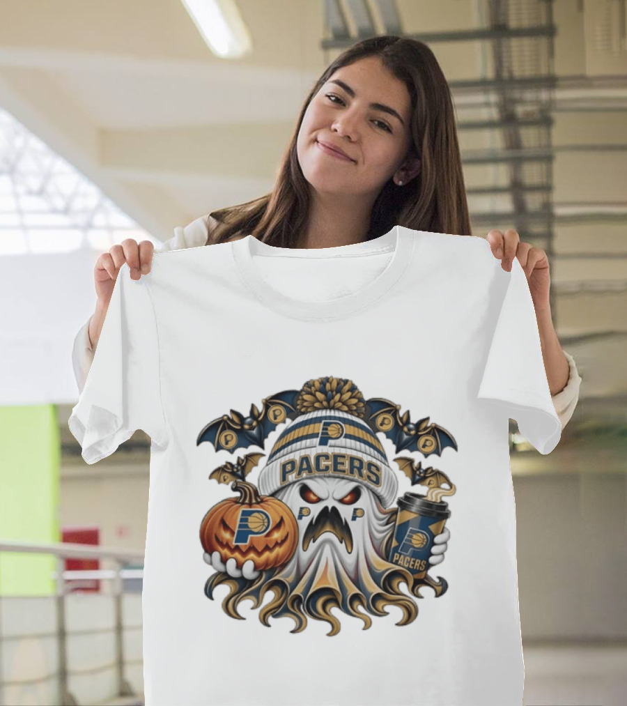 Indiana Pacers Ghost Pumpkin Coffee Halloween Bats T-Shirt
