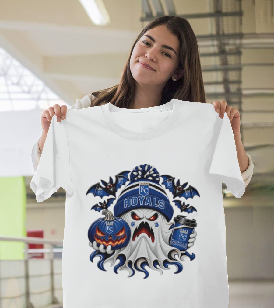 Kansas City Royals Halloween Ghost With Coffee And Pumpkin T-Shirt