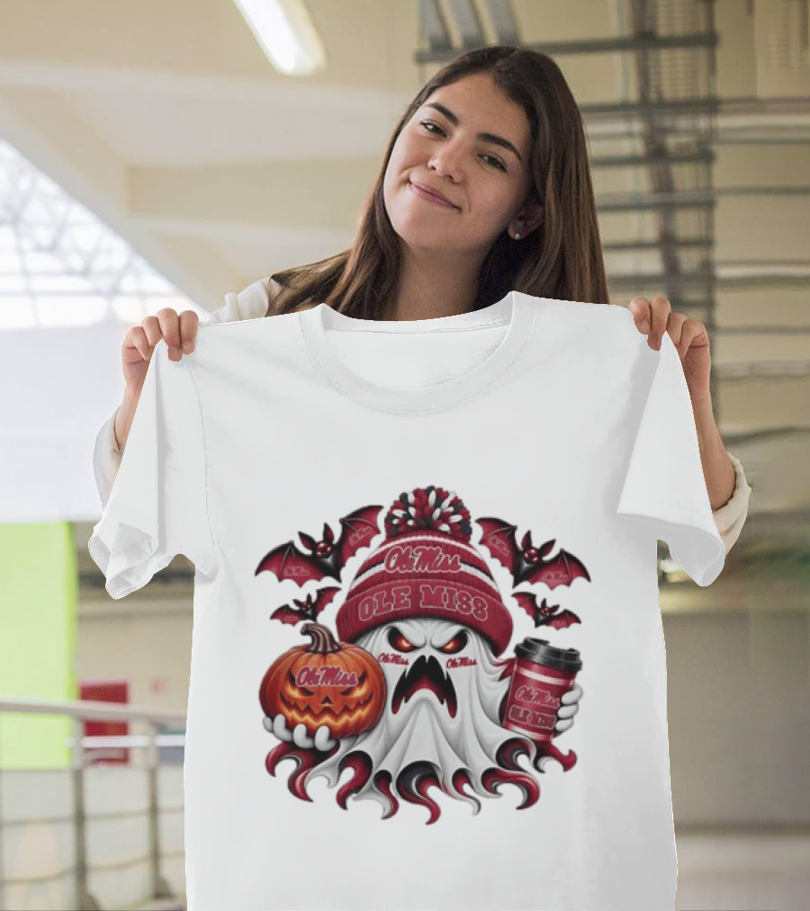 Ole Miss Rebels Halloween Ghost Pumpkin Coffee Spooky Bats T-Shirt