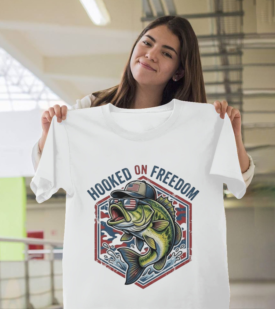 Hooked On Freedom Patriotic Bass Fishing T-Shirt