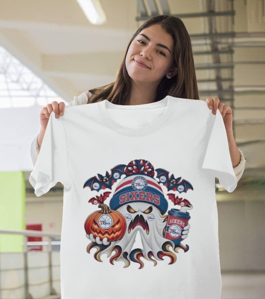 Philadelphia 76ers Spooky Ghost Halloween Coffee Pumpkin Bats T-Shirt
