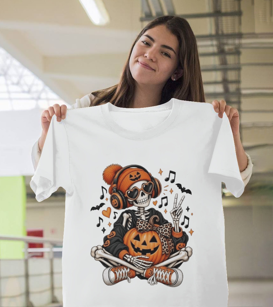Skeleton In Pumpkin Beanie With Headphones Heart Sunglasses And Peace Sign T-Shirt