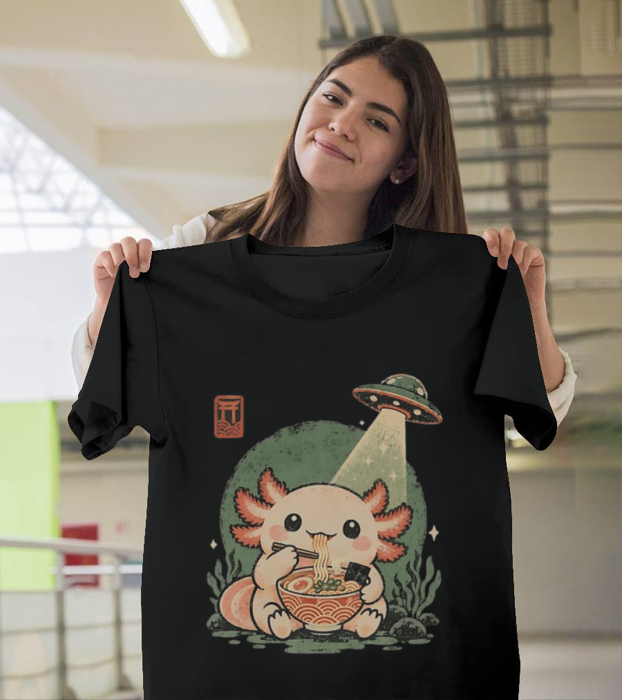 Axolotl Enjoying Ramen Under UFO Light With Japanese Distressed T-Shirt