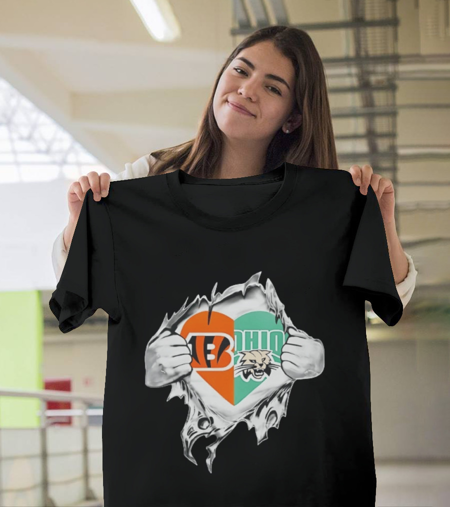 Cincinnati Bengals Ohio Bobcats Heart Superman Chest Rip T-Shirt
