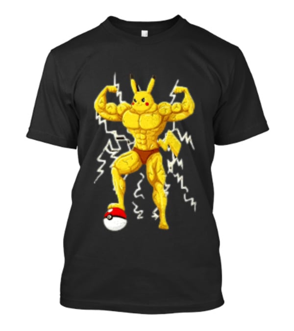 Pikachu Muscular Pokemon Character Flexing Lightning Power T-Shirt