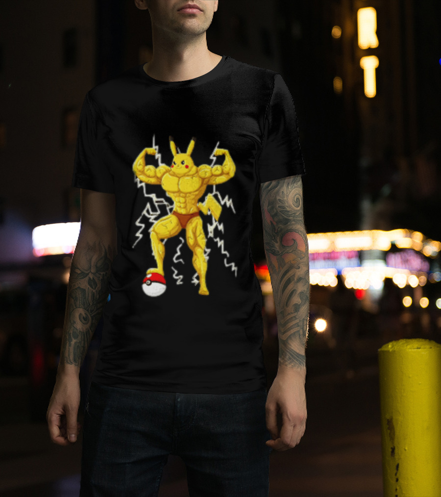Pikachu Muscular Pokemon Character Flexing Lightning Power T-Shirt