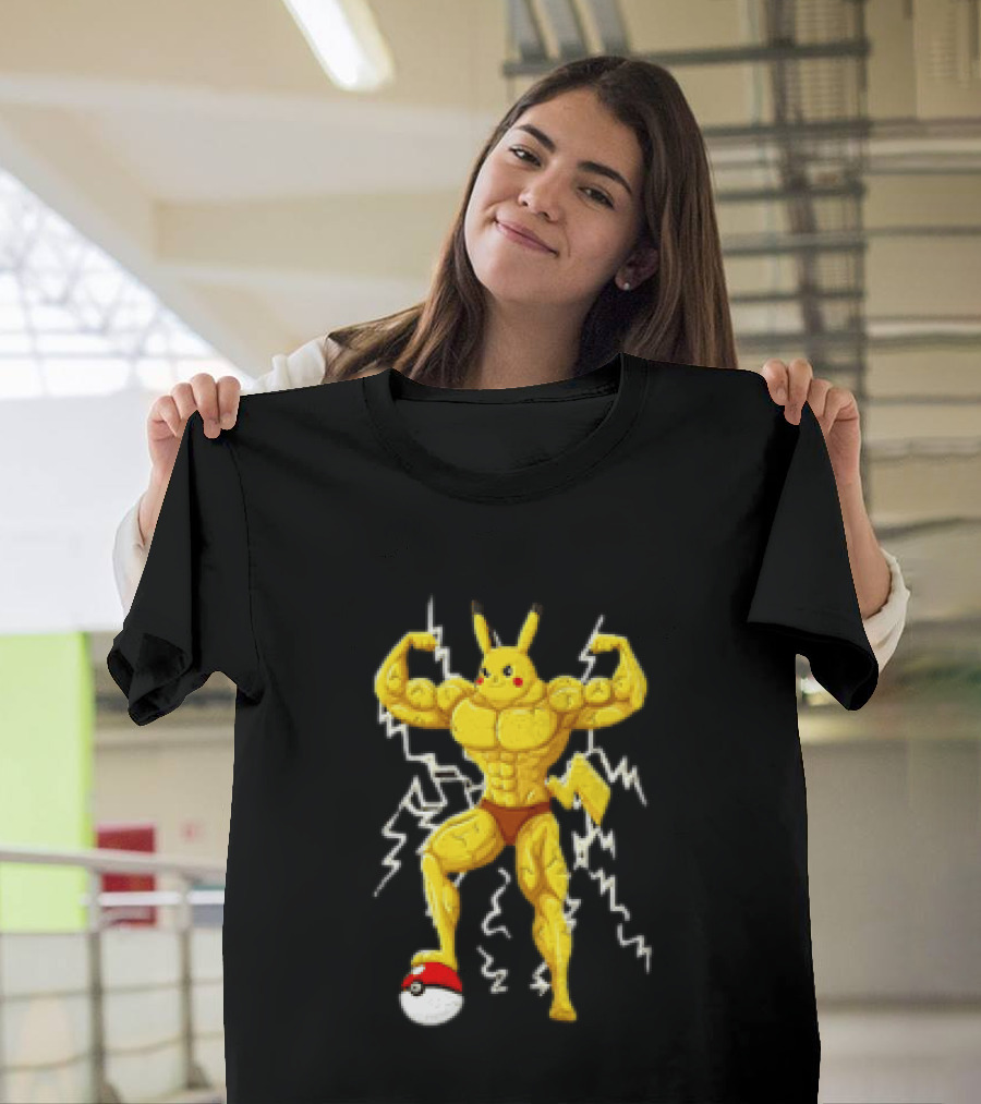 Pikachu Muscular Pokemon Character Flexing Lightning Power T-Shirt