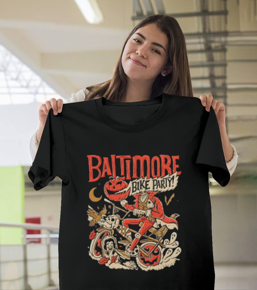 Baltimore Bike Party Halloween Headless Horseman Pumpkin Biker Moon Owl T-Shirt