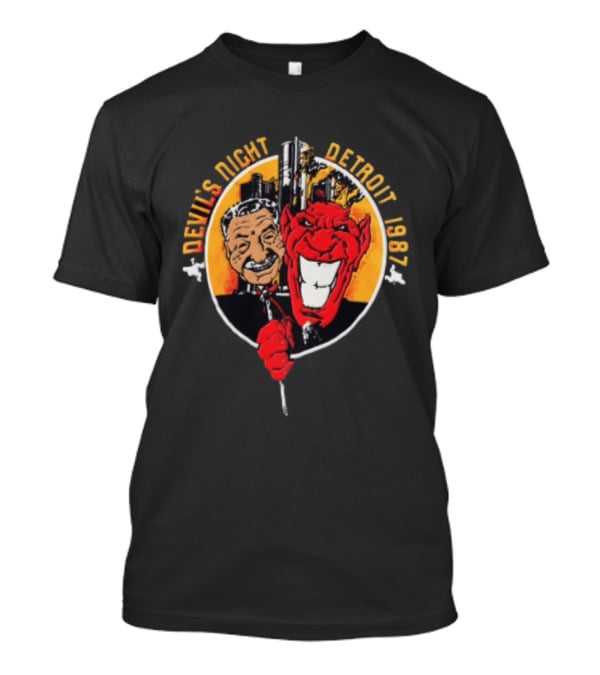 Devils Night 1987 Detroit Man And Red Devil Cartoon Skyline T-Shirt