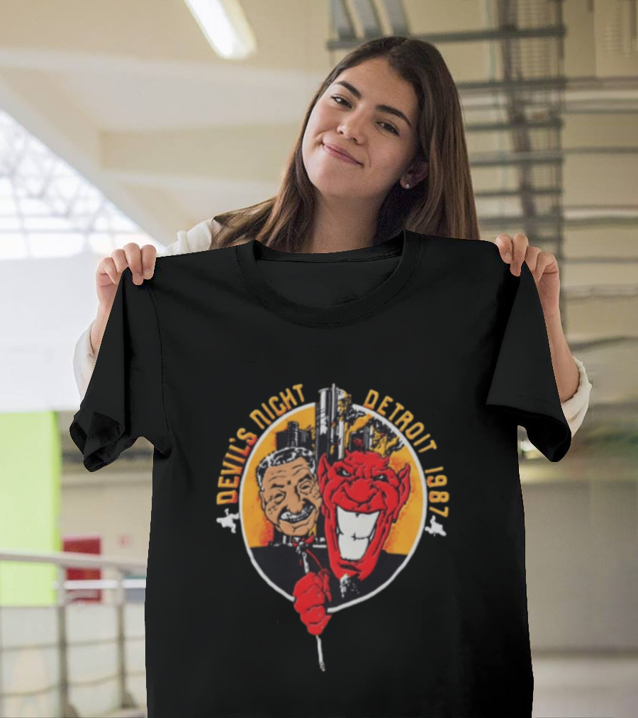 Devils Night 1987 Detroit Man And Red Devil Cartoon Skyline T-Shirt