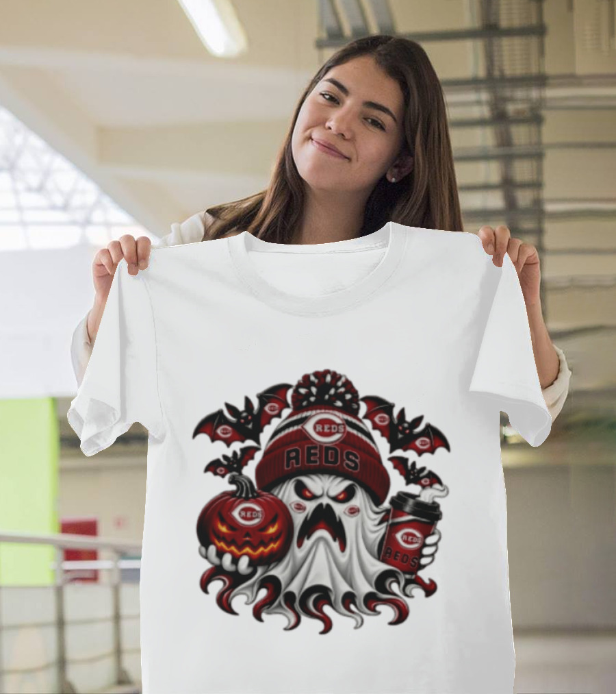 Ghost Pumpkin Cincinnati Reds Coffee Halloween Spooky 2026 Bats T-Shirt