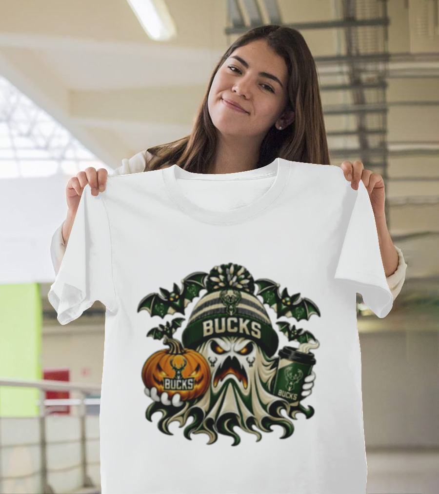 Milwaukee Bucks Spooky Ghost With Pumpkin And Coffee Halloween 2026 T-Shirt
