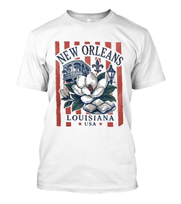 New Orleans Louisiana USA Magnolia Flower Streetcar Fleur De Lis T-Shirt