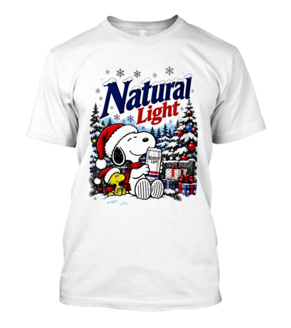Snoopy Woodstock Santa Hat Natural Light Christmas Tree Presents T-Shirt