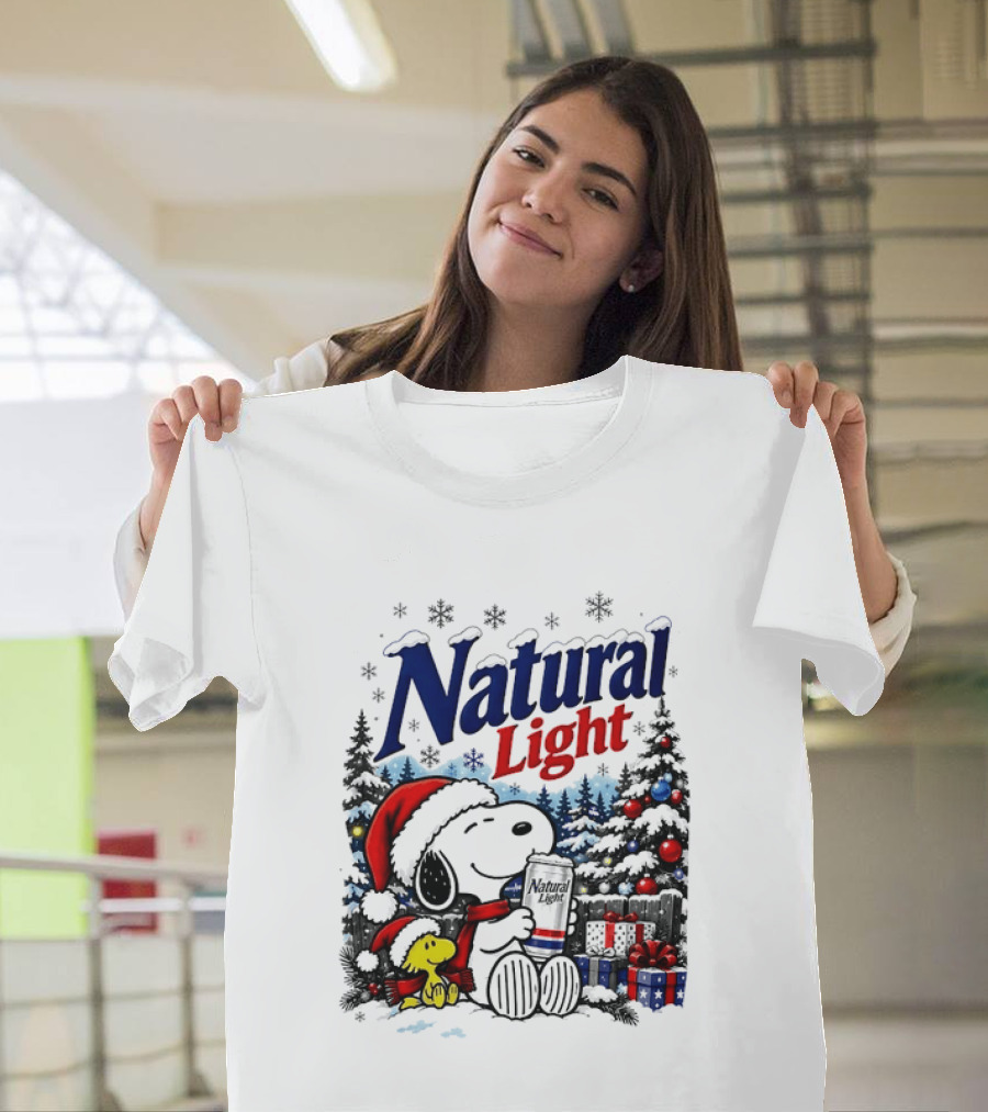 Snoopy Woodstock Santa Hat Natural Light Christmas Tree Presents T-Shirt