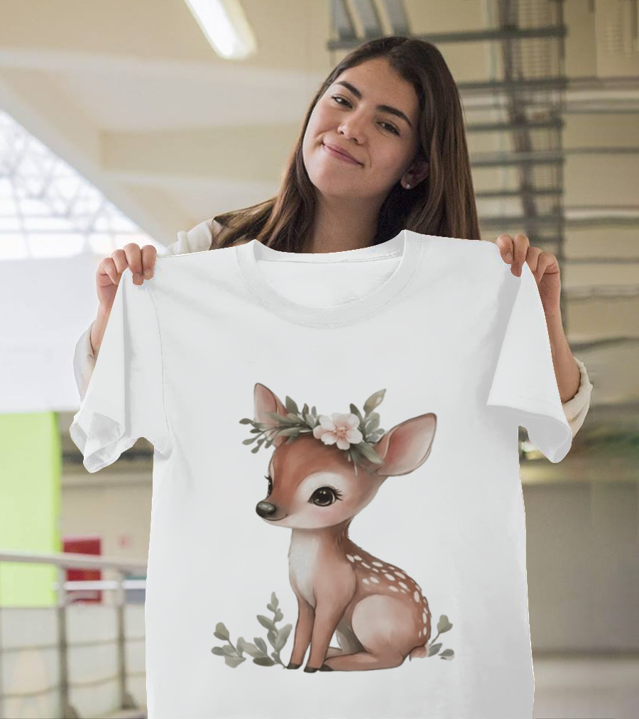 Cute Baby Deer Floral Crown Clipart T-Shirt
