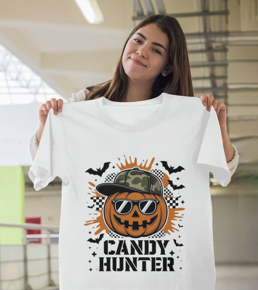 Candy Hunter Pumpkin Camo Hat Sunglasses Halloween Bats T-Shirt