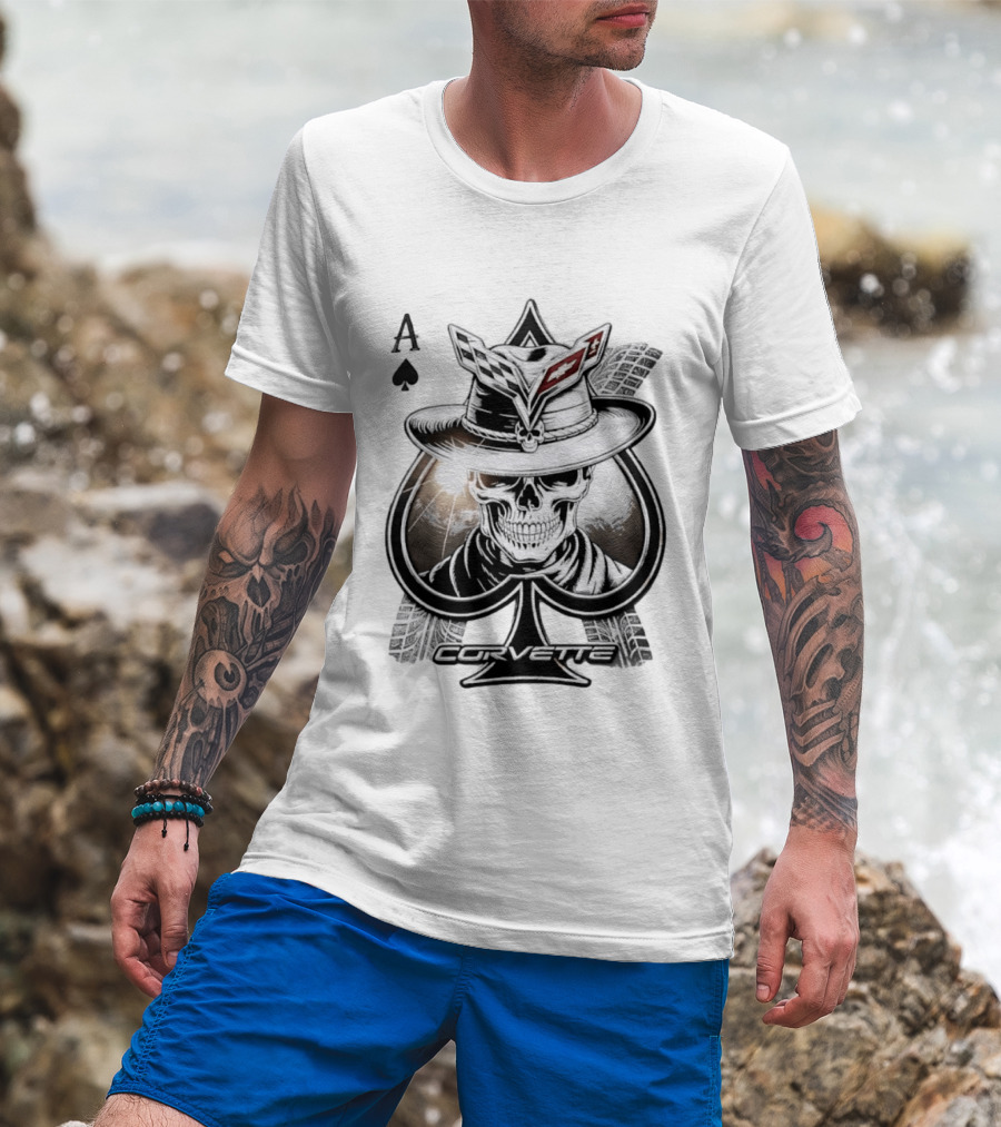 Corvette Ace Of Spades Skull Cowboy Chevrolet Hat Poker Cards T-Shirt