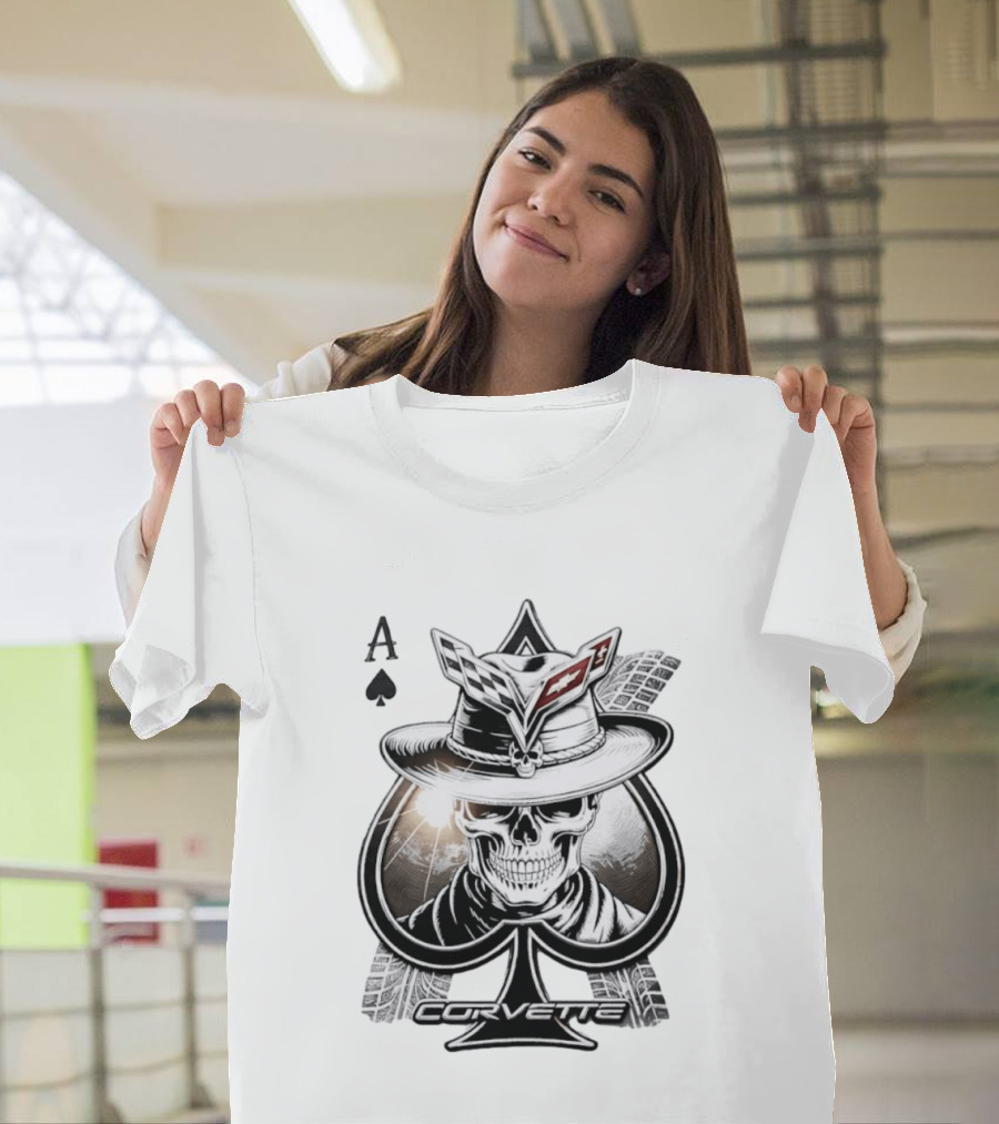 Corvette Ace Of Spades Skull Cowboy Chevrolet Hat Poker Cards T-Shirt