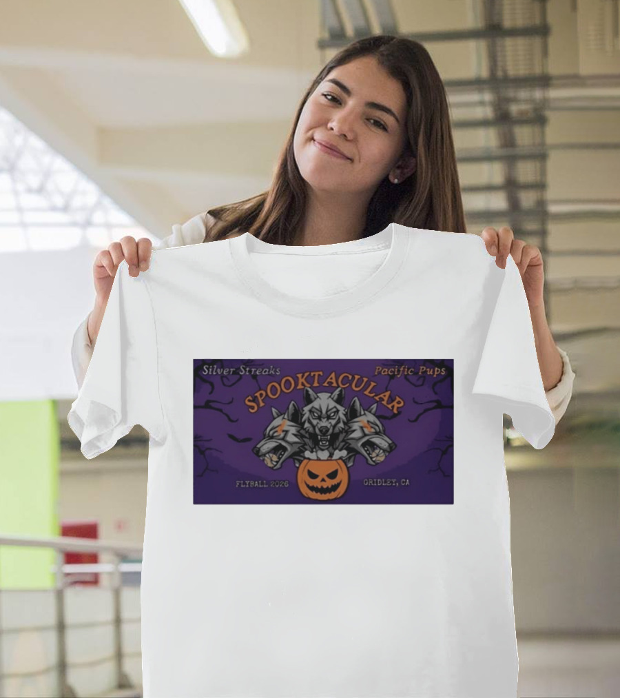 Silver Streaks Pacific Pups Spooktacular Flyball 2026 Gridley CA Halloween Three Headed Wolf Pumpkin T-Shirt