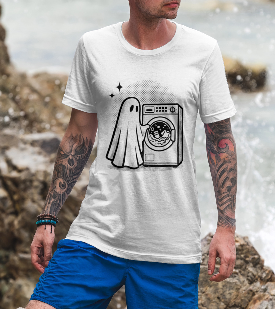 Ghost Laundry Day With Washing Machine And Stars T-Shirt