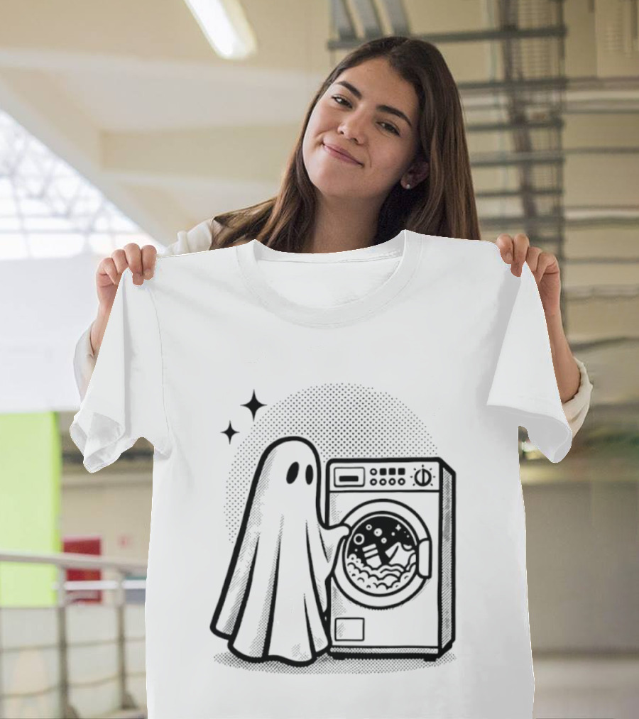 Ghost Laundry Day With Washing Machine And Stars T-Shirt