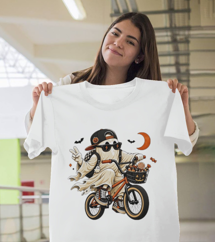 Ghost On Bike With Halloween Candy And Peace Sign Moon And Bats T-Shirt