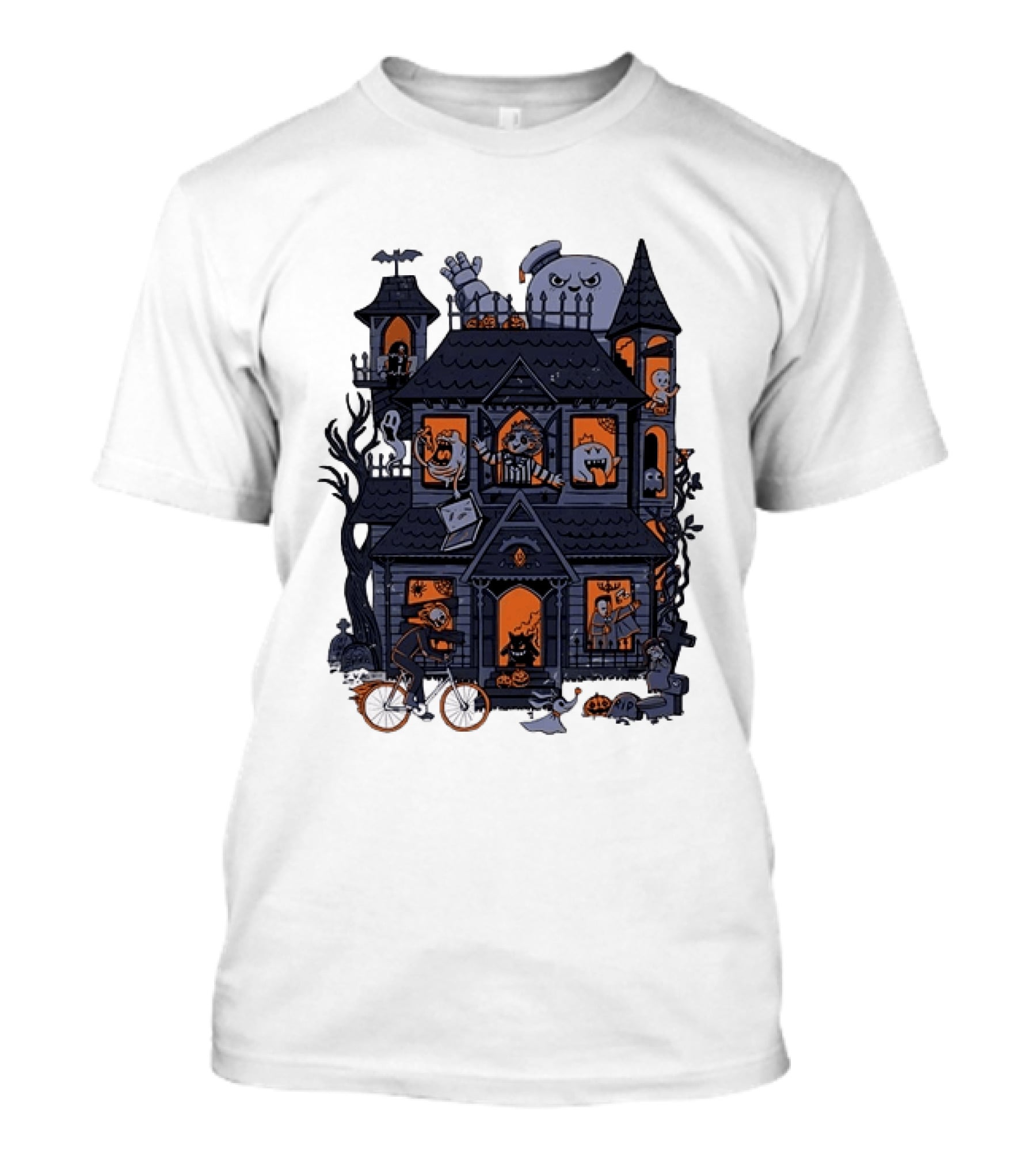 Haunted House With Stay Puft Marshmallow Man Horror Characters T-Shirt