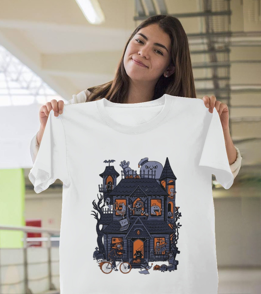 Haunted House With Stay Puft Marshmallow Man Horror Characters T-Shirt