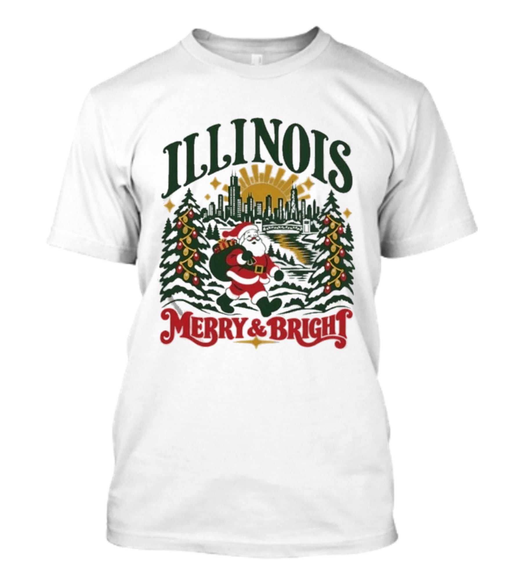 Illinois Merry And Bright Christmas Santa Skyline Forest 2026 T-Shirt
