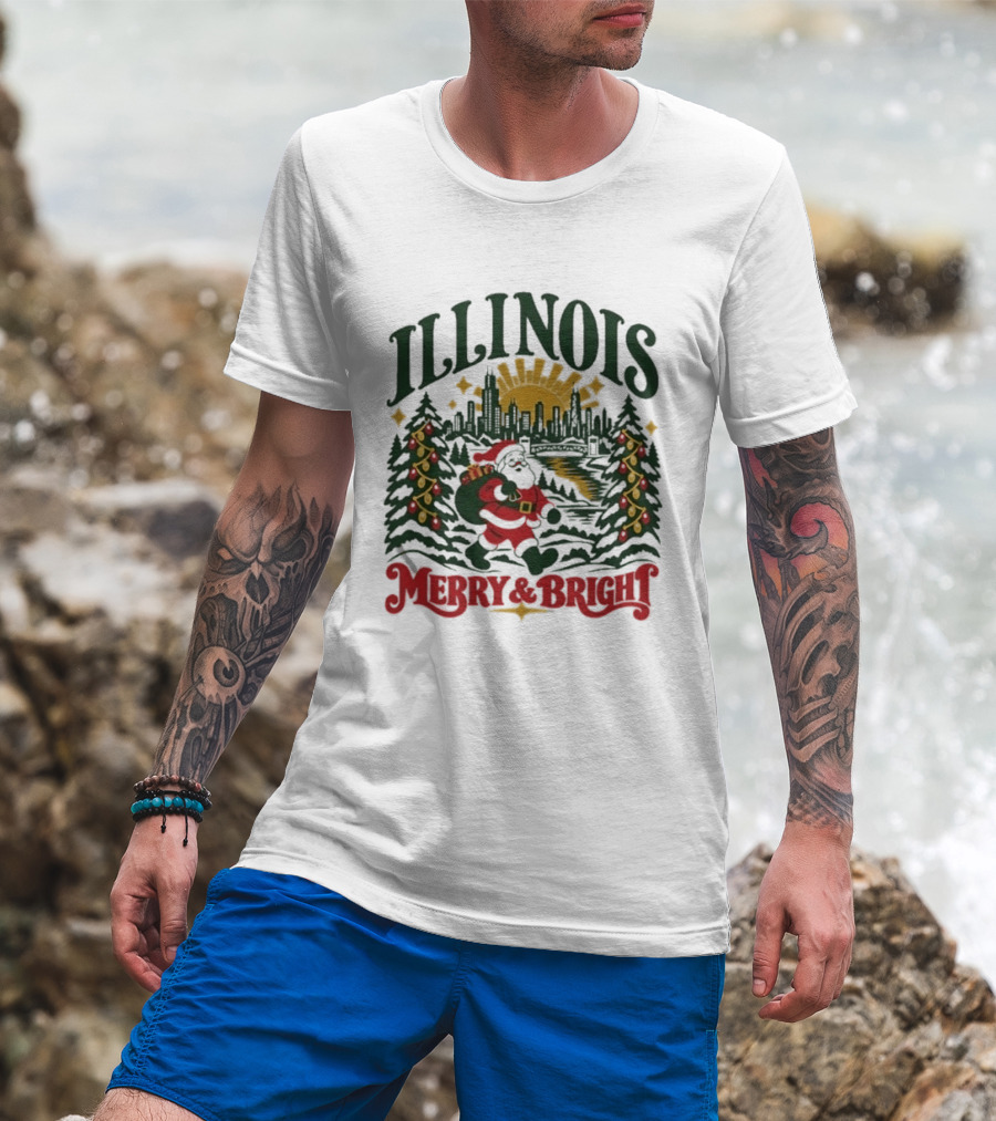 Illinois Merry And Bright Christmas Santa Skyline Forest 2026 T-Shirt