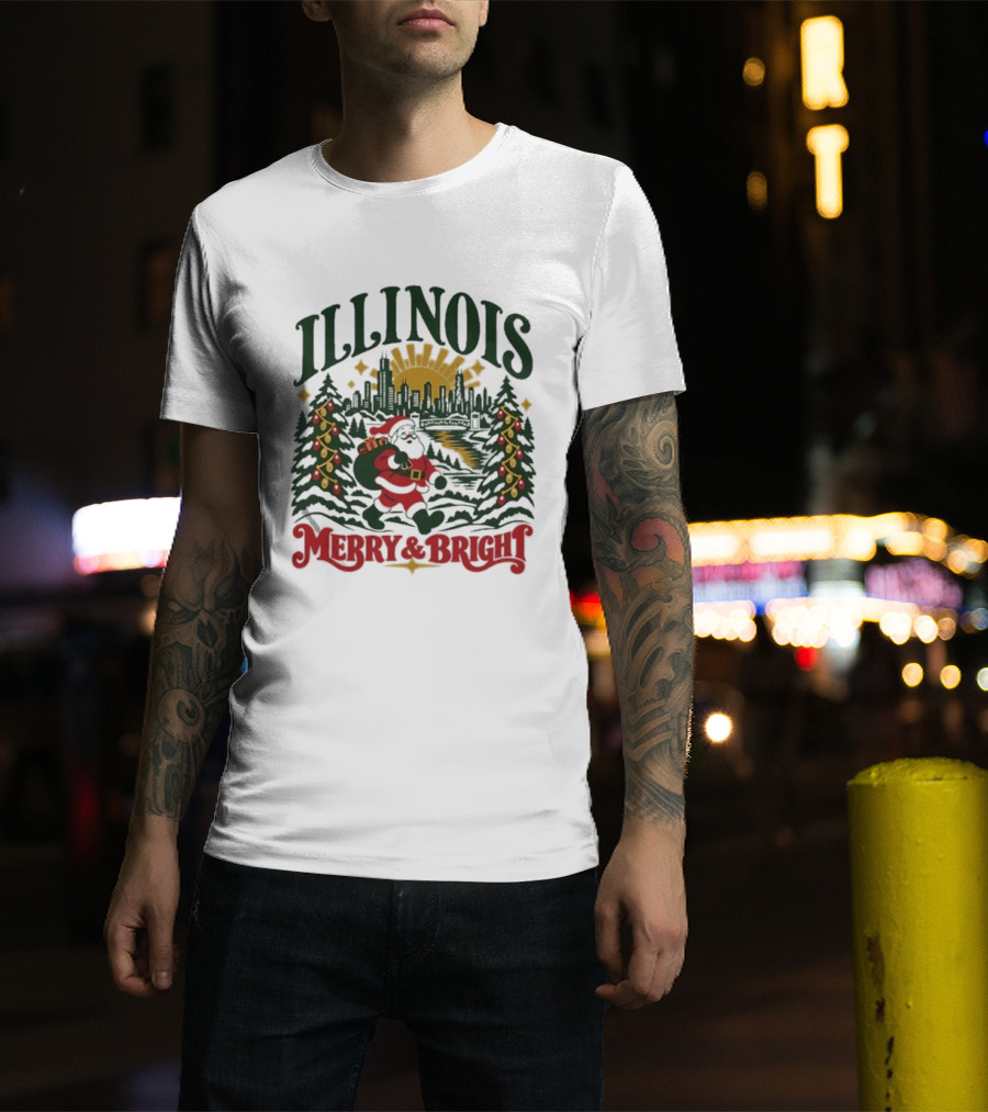 Illinois Merry And Bright Christmas Santa Skyline Forest 2026 T-Shirt